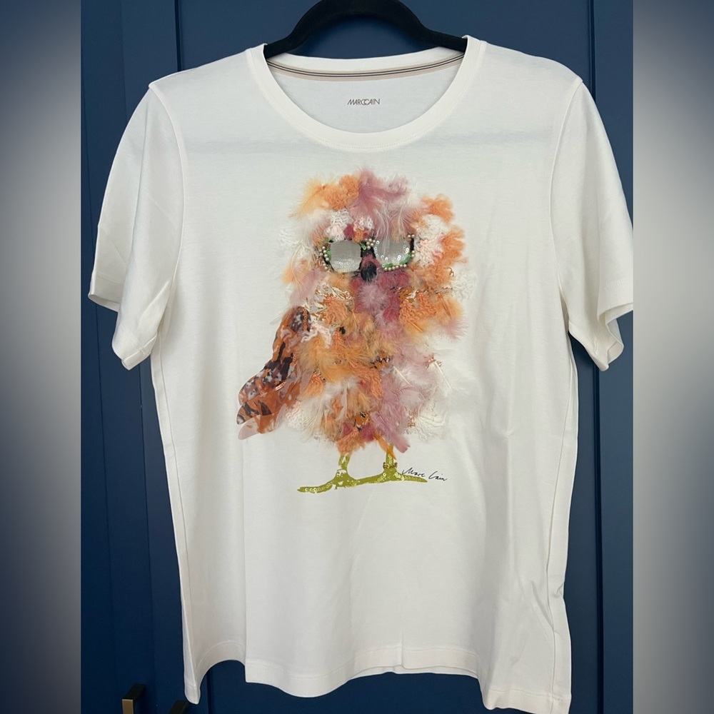 Marc Cain White T-Shirt with Colorful Bird Design size small. 100% cotton.